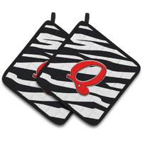 "Caroline's Treasures Monogram Initial Q Zebra Red Pair of Pot Holders CJ1024-QPTHD, 7.5HX7.5W, Multicolor"