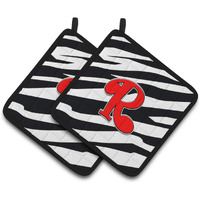 "Caroline's Treasures Monogram Initial R Zebra Red Pair of Pot Holders CJ1024-RPTHD, 7.5HX7.5W, Multicolor"