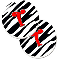 "Caroline's Treasures Monogram Initial T Zebra Red Set of 2 Cup Holder Car Coasters CJ1024-TCARC, 2.56, Multicolor"