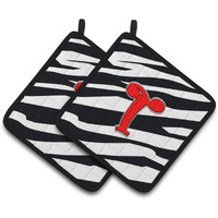 "Caroline's Treasures Monogram Initial T Zebra Red Pair of Pot Holders CJ1024-TPTHD, 7.5HX7.5W, Multicolor"