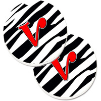"Caroline's Treasures Monogram Initial V Zebra Red Set of 2 Cup Holder Car Coasters CJ1024-VCARC, 2.56, Multicolor"