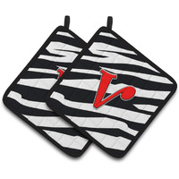 "Caroline's Treasures Monogram Initial V Zebra Red Pair of Pot Holders CJ1024-VPTHD, 7.5HX7.5W, Multicolor"