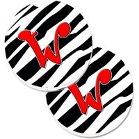 "Caroline's Treasures Monogram Initial W Zebra Red Set of 2 Cup Holder Car Coasters CJ1024-WCARC, 2.56, Multicolor"