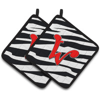 "Caroline's Treasures Monogram Initial W Zebra Red Pair of Pot Holders CJ1024-WPTHD, 7.5HX7.5W, Multicolor"