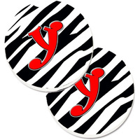 "Caroline's Treasures Monogram Initial Y Zebra Red Set of 2 Cup Holder Car Coasters CJ1024-YCARC, 2.56, Multicolor"