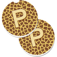 "Caroline's Treasures Monogram Initial P Giraffe Set of 2 Cup Holder Car Coasters CJ1025-PCARC, 2.56, Multicolor"