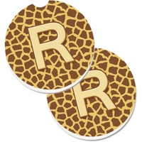 "Caroline's Treasures Monogram Initial R Giraffe Set of 2 Cup Holder Car Coasters CJ1025-RCARC, 2.56, Multicolor"