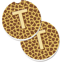 "Caroline's Treasures Monogram Initial T Giraffe Set of 2 Cup Holder Car Coasters CJ1025-TCARC, 2.56, Multicolor"