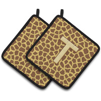 "Caroline's Treasures Monogram Initial T Giraffe Pair of Pot Holders CJ1025-TPTHD, 7.5HX7.5W, Multicolor"