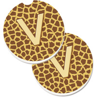 "Caroline's Treasures Monogram Initial V Giraffe Set of 2 Cup Holder Car Coasters CJ1025-VCARC, 2.56, Multicolor"