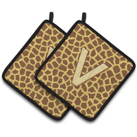 "Caroline's Treasures Monogram Initial V Giraffe Pair of Pot Holders CJ1025-VPTHD, 7.5HX7.5W, Multicolor"