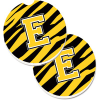 "Caroline's Treasures Monogram Initial E Tiger Stripe - black Gold Set of 2 Cup Holder Car Coasters CJ1026-ECARC, 2.56, Multicolor"