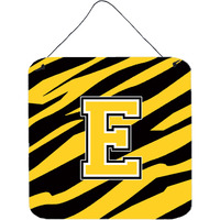 "Caroline's Treasures Letter E Initial with Tiger Stripe-Black Gold Wall or Door Hanging Prints, 6 x 6"", Multicolor"