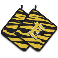 "Caroline's Treasures Monogram Initial E Tiger Stripe - black Gold Pair of Pot Holders CJ1026-EPTHD, 7.5HX7.5W, Multicolor"