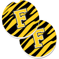 "Caroline's Treasures Monogram Initial F Tiger Stripe - black Gold Set of 2 Cup Holder Car Coasters CJ1026-FCARC, 2.56, Multicolor"