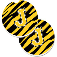 "Caroline's Treasures Monogram Initial J Tiger Stripe - black Gold Set of 2 Cup Holder Car Coasters CJ1026-JCARC, 2.56, Multicolor"