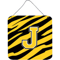 "Caroline's Treasures Letter J Initial with Tiger Stripe-Black Gold Wall or Door Hanging Prints, 6 x 6"", Multicolor"