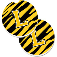 "Caroline's Treasures Monogram Initial L Tiger Stripe - black Gold Set of 2 Cup Holder Car Coasters CJ1026-LCARC, 2.56, Multicolor"
