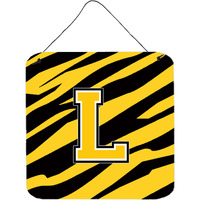 "Caroline's Treasures Letter L Initial with Tiger Stripe-Black Gold Wall or Door Hanging Prints, 6 x 6"", Multicolor"