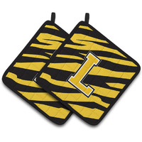 "Caroline's Treasures Monogram Initial L Tiger Stripe - black Gold Pair of Pot Holders CJ1026-LPTHD, 7.5HX7.5W, Multicolor"