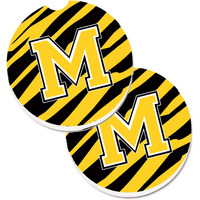 "Caroline's Treasures Monogram Initial M Tiger Stripe - black Gold Set of 2 Cup Holder Car Coasters CJ1026-MCARC, 2.56, Multicolor"