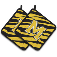 "Caroline's Treasures Monogram Initial M Tiger Stripe - black Gold Pair of Pot Holders CJ1026-MPTHD, 7.5HX7.5W, Multicolor"