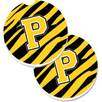 "Caroline's Treasures Monogram Initial P Tiger Stripe - black Gold Set of 2 Cup Holder Car Coasters CJ1026-PCARC, 2.56, Multicolor"