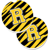 "Caroline's Treasures Monogram Initial R Tiger Stripe - black Gold Set of 2 Cup Holder Car Coasters CJ1026-RCARC, 2.56, Multicolor"