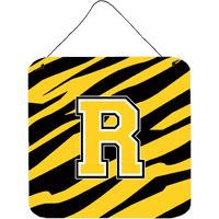 "Caroline's Treasures Letter R Initial with Tiger Stripe-Black Gold Wall or Door Hanging Prints, 6 x 6"", Multicolor"