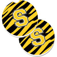 "Caroline's Treasures Monogram Initial S Tiger Stripe - black Gold Set of 2 Cup Holder Car Coasters CJ1026-SCARC, 2.56, Multicolor"