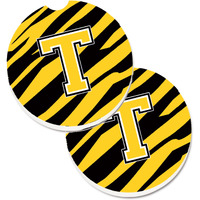 "Caroline's Treasures Monogram Initial T Tiger Stripe - black Gold Set of 2 Cup Holder Car Coasters CJ1026-TCARC, 2.56, Multicolor"