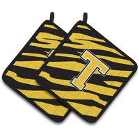 "Caroline's Treasures Monogram Initial T Tiger Stripe - black Gold Pair of Pot Holders CJ1026-TPTHD, 7.5HX7.5W, Multicolor"