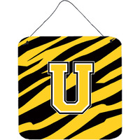 "Caroline's Treasures Letter U Initial with Tiger Stripe-Black Gold Wall or Door Hanging Prints, 6 x 6"", Multicolor"