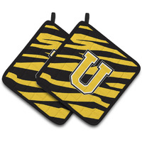 "Caroline's Treasures Monogram Initial U Tiger Stripe - black Gold Pair of Pot Holders CJ1026-UPTHD, 7.5HX7.5W, Multicolor"