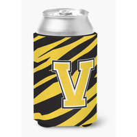 Letter V Initial Monogram - Tiger Stripe - Black Gold Can Beverage Insulator Hugger