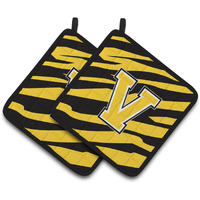 "Caroline's Treasures Monogram Initial V Tiger Stripe - black Gold Pair of Pot Holders CJ1026-VPTHD, 7.5HX7.5W, Multicolor"