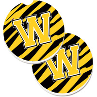 "Caroline's Treasures Monogram Initial W Tiger Stripe - black Gold Set of 2 Cup Holder Car Coasters CJ1026-WCARC, 2.56, Multicolor"