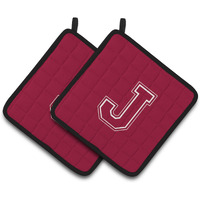 "Caroline's Treasures Monogram Initial J Maroon & White Pair of Pot Holders CJ1032-JPTHD, 7.5HX7.5W, Multicolor"