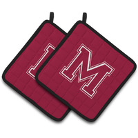 "Caroline's Treasures Monogram Initial M Maroon & White Pair of Pot Holders CJ1032-MPTHD, 7.5HX7.5W, Multicolor"