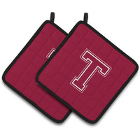 "Caroline's Treasures Monogram Initial T Maroon & White Pair of Pot Holders CJ1032-TPTHD, 7.5HX7.5W, Multicolor"