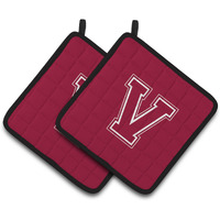 "Caroline's Treasures Monogram Initial V Maroon & White Pair of Pot Holders CJ1032-VPTHD, 7.5HX7.5W, Multicolor"