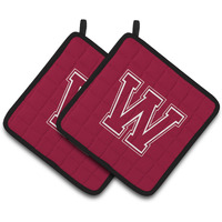 "Caroline's Treasures Monogram Initial W Maroon & White Pair of Pot Holders CJ1032-WPTHD, 7.5HX7.5W, Multicolor"