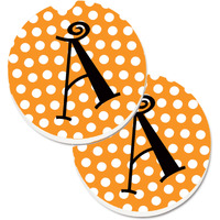 "Caroline's Treasures Letter A Monogram - Orange & black Polka Dots Set of 2 Cup Holder Car Coasters CJ1033-ACARC, 2.56, Multicolor"