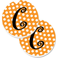 "Caroline's Treasures Monogram Initial C Orange Polkadots Set of 2 Cup Holder Car Coasters CJ1033-CCARC, 2.56, Multicolor"