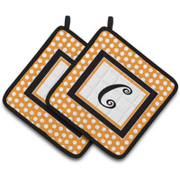 "Caroline's Treasures Monogram Initial C Orange Polkadots Pair of Pot Holders CJ1033-CPTHD, 7.5HX7.5W, Multicolor"