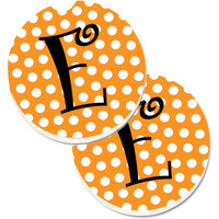 "Caroline's Treasures Monogram Initial E Orange Polkadots Set of 2 Cup Holder Car Coasters CJ1033-ECARC, 2.56, Multicolor"