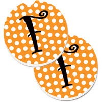 "Caroline's Treasures Monogram Initial F Orange Polkadots Set of 2 Cup Holder Car Coasters CJ1033-FCARC, 2.56, Multicolor"