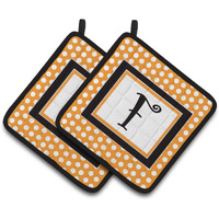 "Caroline's Treasures Monogram Initial F Orange Polkadots Pair of Pot Holders CJ1033-FPTHD, 7.5HX7.5W, Multicolor"