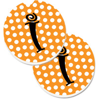 "Caroline's Treasures Monogram Initial I Orange Polkadots Set of 2 Cup Holder Car Coasters CJ1033-ICARC, 2.56, Multicolor"