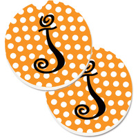 "Caroline's Treasures Monogram Initial J Orange Polkadots Set of 2 Cup Holder Car Coasters CJ1033-JCARC, 2.56, Multicolor"